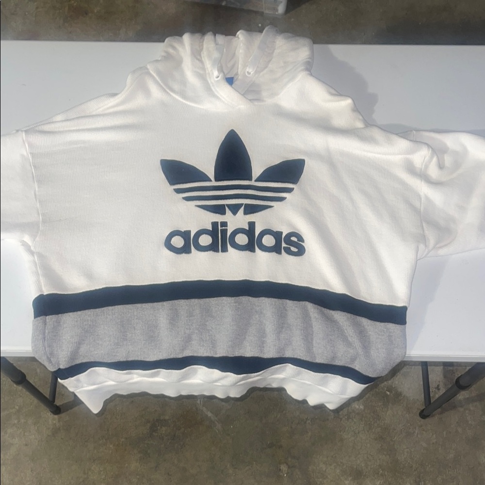 Adidas White and Blue Cropped Sweatshirt with Trefoil Logo